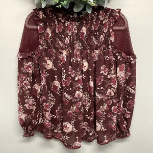 Skylar & Jade Burgundy Sheer Floral Long Sleeve Blouse Lace Ruffle Detail S